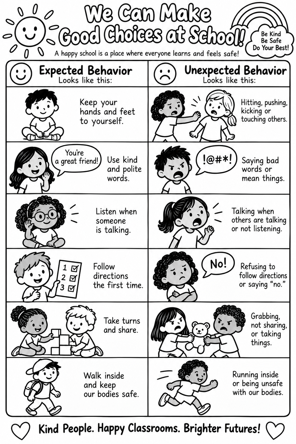 A bespoke coloring sheet illustrating expected versus unexpected school behaviors.